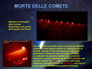 (Mosaico di immagini
della cometa
Shoemaker-Levy prima
dell'impatto con Giove)




                          Alcune comete possono subire una fine più violenta:
                          cadere nel Sole oppure entrare in collisione con un
                          pianeta, durante le loro innumerevoli orbite che
                          percorrono il Sistema solare in lungo e in largo.
                          Le collisioni tra pianeti e comete sono piuttosto
                          frequenti su scala astronomica: la Terra incontrò una
                          piccola cometa nel 1908, che esplose nella taiga
                          siberiana causando l'evento di Tunguska, che rase al
                          suolo migliaia di chilometri quadrati di foresta.
 