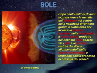 Dopo cento milioni di anni
                    la pressione e la densità
                    dell'idrogeno nel centro
                    nella nebulosa divennero
                    grandi a sufficienza per
                    avviare la fusione
                    nucleare nella protostella.
                    Il vento solare prodotto
                    dal neonato Sole spazzò
                    via i gas e le polveri
                    residui del disco
                    allontanandoli nello
                    spazio interstellare e
                    fermando così il processo
                    di crescita dei pianeti.

(il vento solare)
 