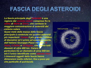 La fascia principale degli asteroidi è una
regione del sistema solare compresa fra le
orbite di Marte e Giove, che contiene la
maggiore concentrazione di asteroidi del
sistema solare.
Quasi metà della massa della fascia
principale è contenuta nei quattro asteroidi
più importanti: Cerere il più grande (1000km
di diametro) ed il primo ad essere scoperto,
dall’italiano Giuseppe Piazzi nel 1801, 4
Vesta, 2 Pallas e 10 Hygiea, che hanno tutti
diametri di oltre 400 km. Cerere in
particolare ha un diametro di circa 950 km
ed è l'unico identificato come pianeta nano.
I rimanenti oggetti della fascia hanno
dimensioni molto inferiori, fino a poco più
che particelle di pulviscolo.
 