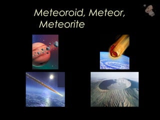 Meteoroid, Meteor,
Meteorite, Crater
 