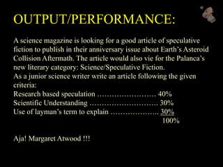OUTPUT/PERFORMANCE:
A science magazine is looking for a good article of speculative
fiction to publish in their anniversary issue about Earth’s Asteroid
Collision Aftermath. The article would also vie for the Palanca’s
new literary category: Science/Speculative Fiction.
As a junior science writer write an article following the given
criteria:
Research based speculation …………………… 40%
Scientific Understanding ………………………. 30%
Use of layman’s term to explain ……………….. 30%
100%
Aja! Margaret Atwood !!!
 