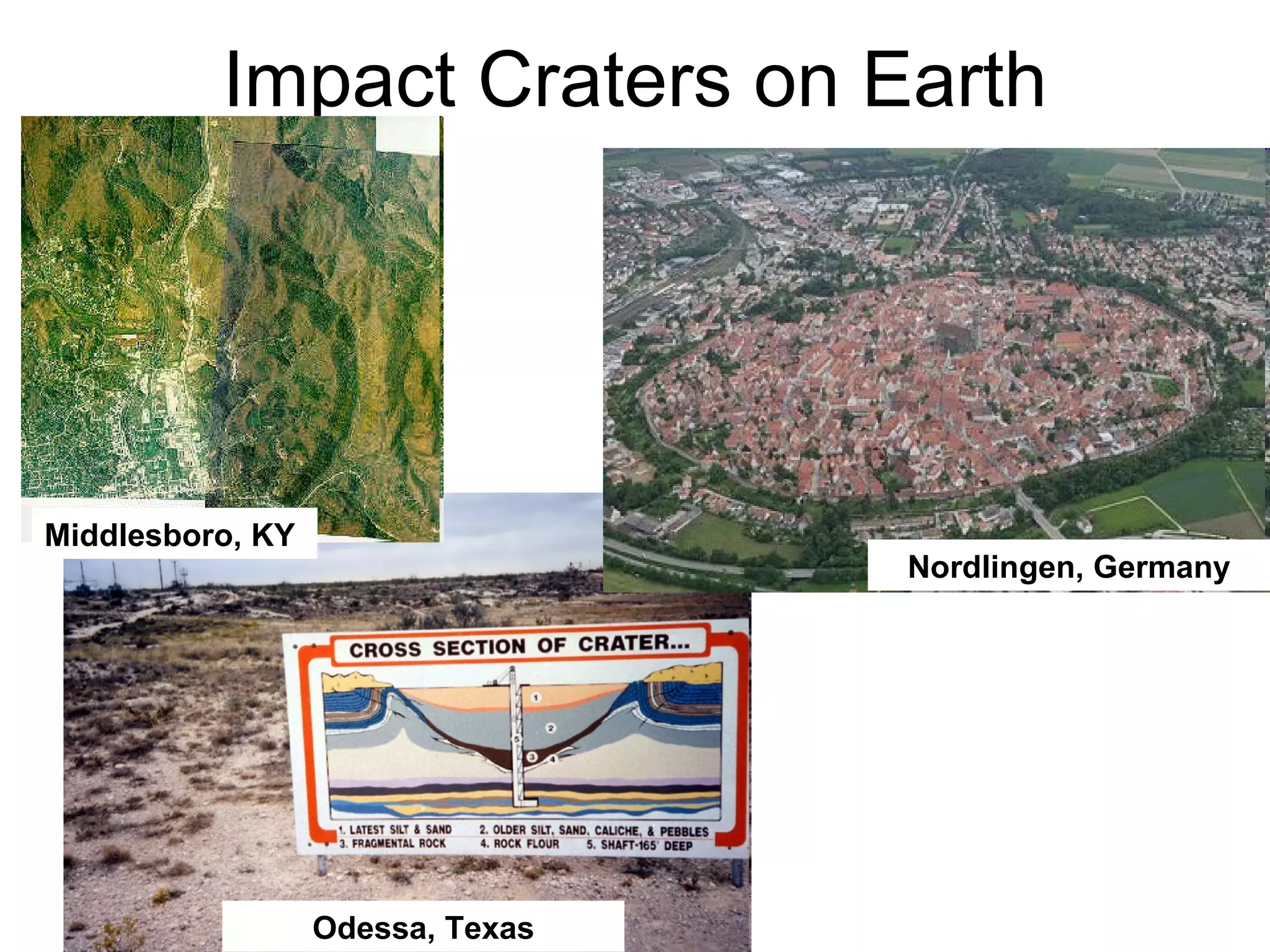 Impact Craters on Earth Nordlingen, Germany Odessa, Texas Middlesboro, KY 