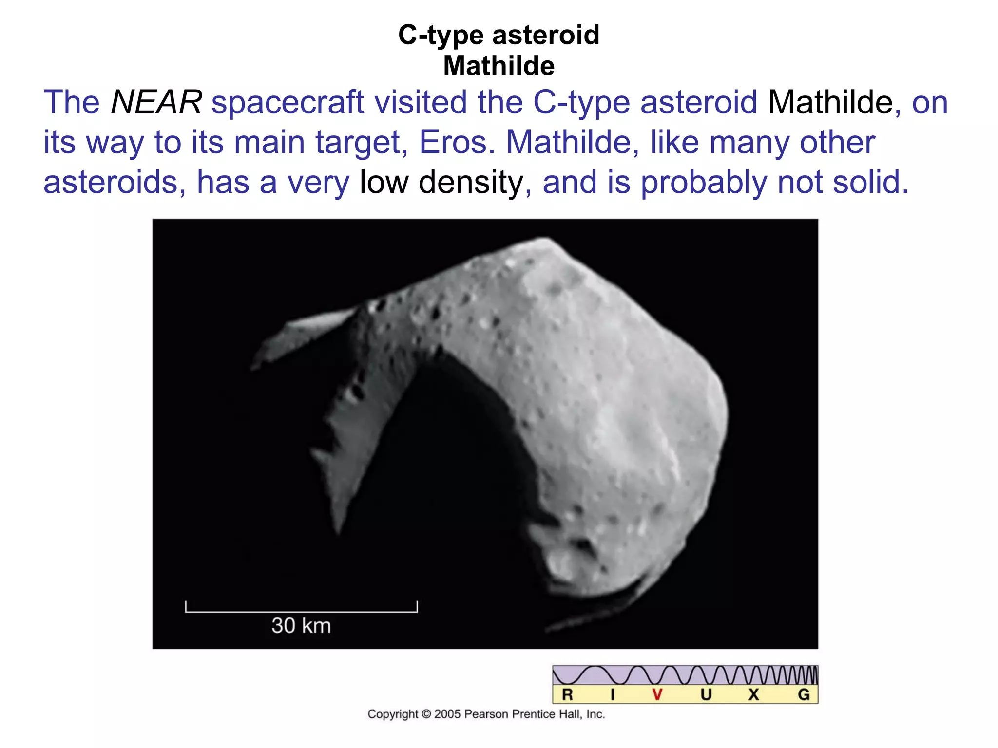 C-type asteroid Mathilde The  NEAR  spacecraft visited the C-type asteroid  Mathilde , on its way to its main target, Eros. Mathilde, like many other asteroids, has a very  low density , and is probably not solid. 