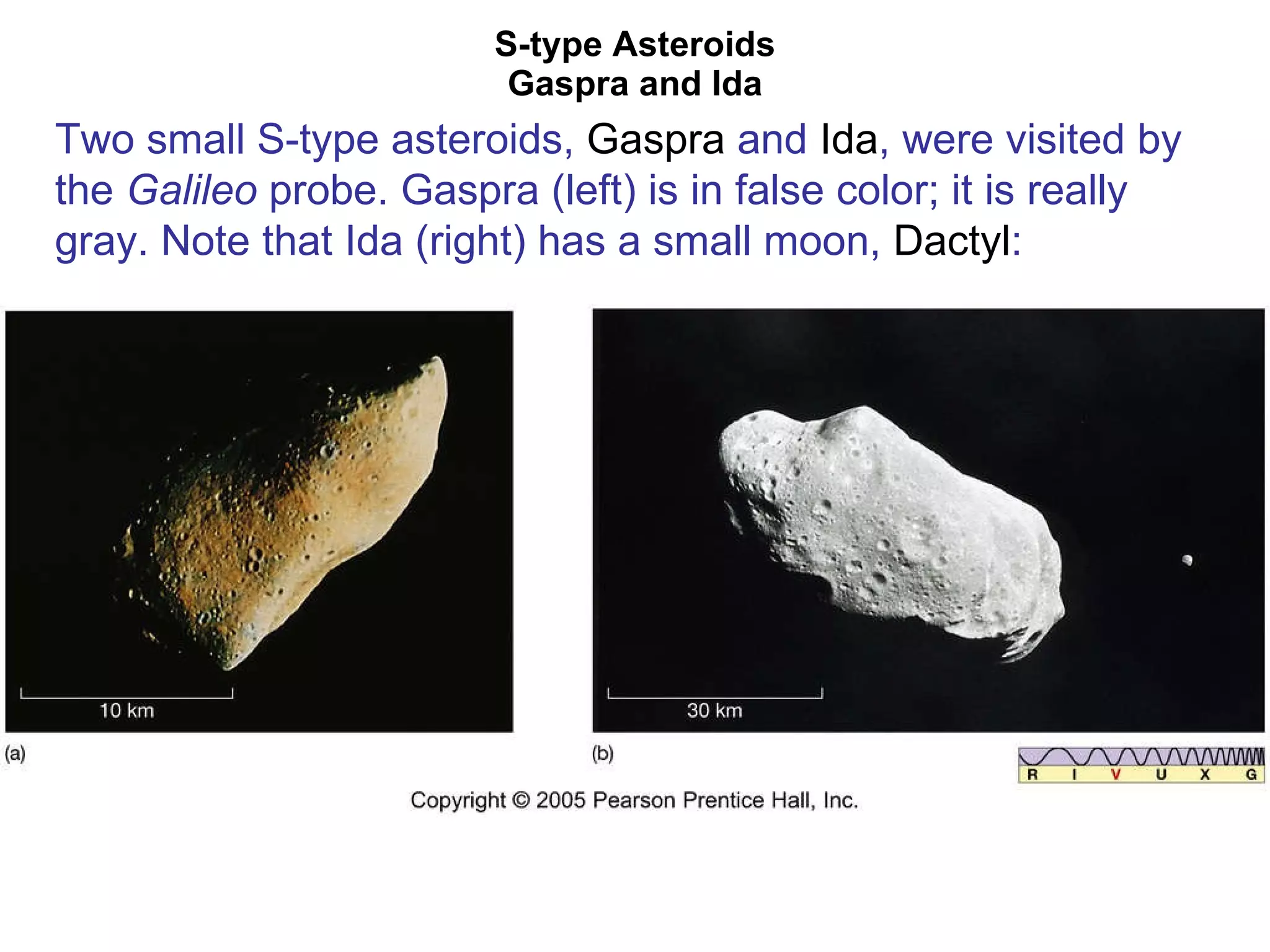 S-type Asteroids Gaspra and Ida Two small S-type asteroids,  Gaspra  and  Ida , were visited by the  Galileo  probe. Gaspra (left) is in false color; it is really gray. Note that Ida (right) has a small moon,  Dactyl :  