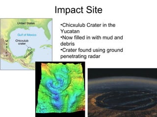 Impact Site Chicxulub Crater in the Yucatan Now filled in with mud and debris Crater found using ground penetrating radar 