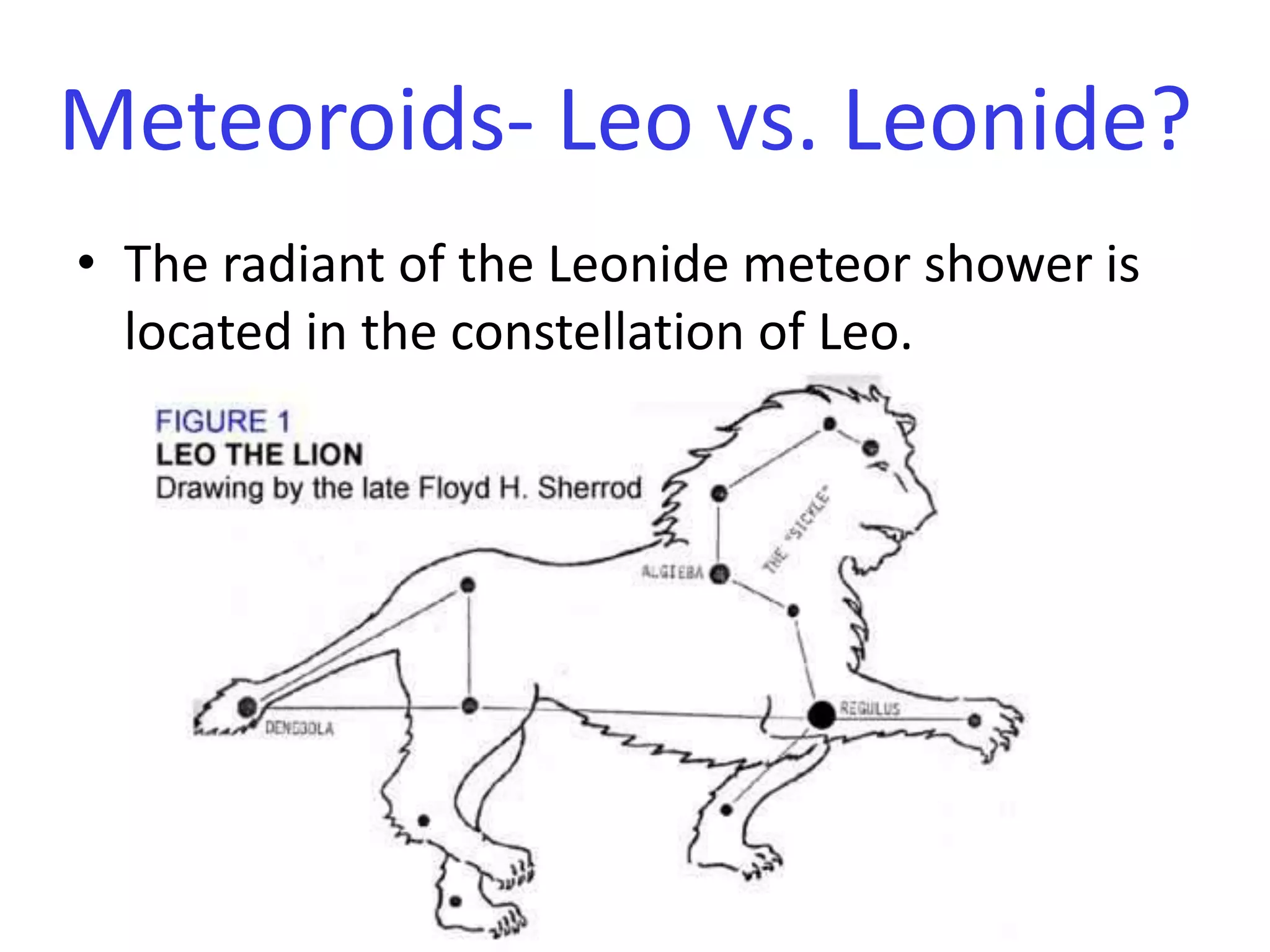 The radiant of the Leonide meteor shower is located in the constellation of Leo. Meteoroids- Leo vs. Leonide?