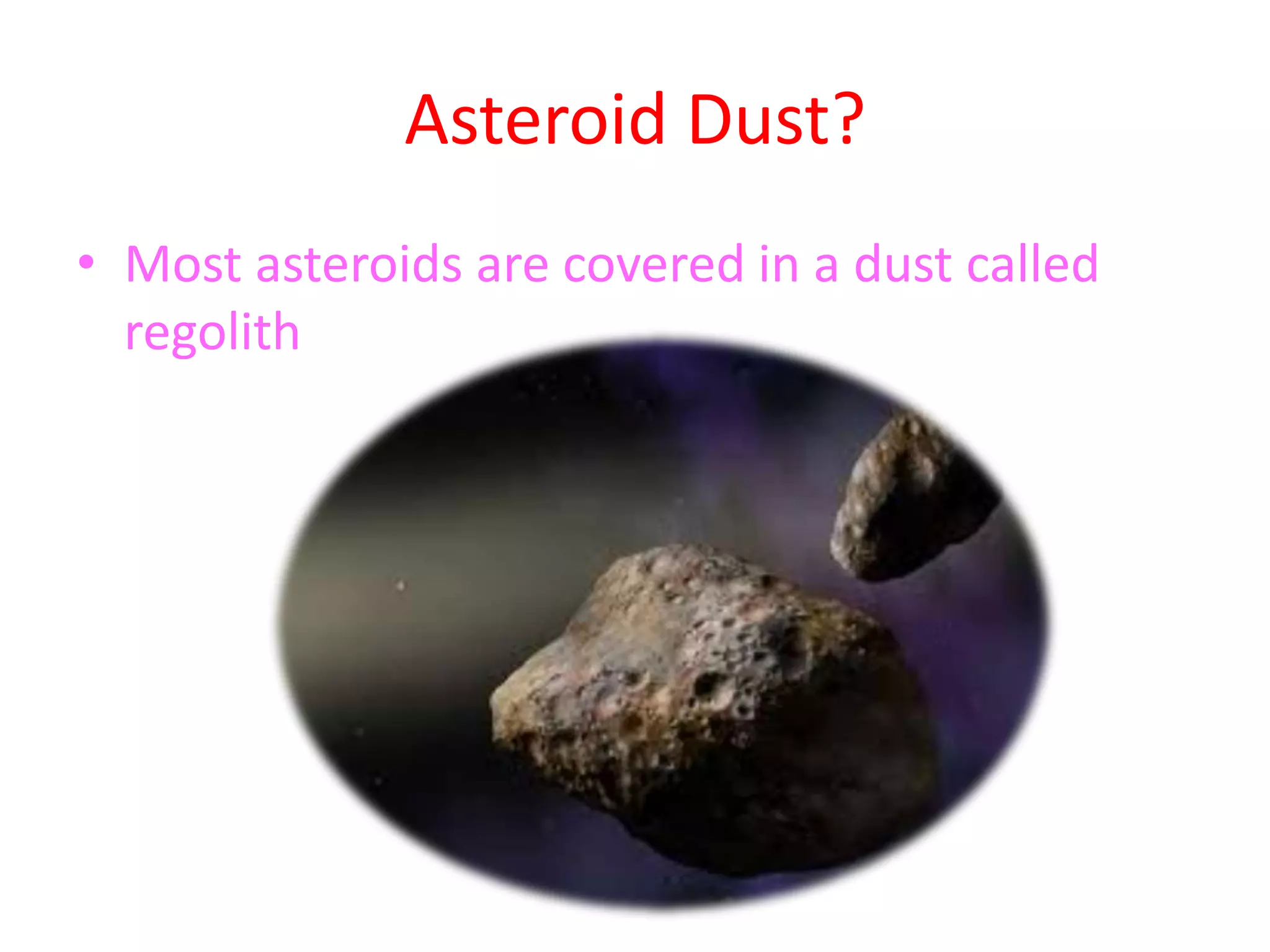 Most asteroids are covered in a dust called regolithAsteroid Dust?