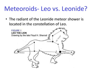 The radiant of the Leonide meteor shower is located in the constellation of Leo. Meteoroids- Leo vs. Leonide?