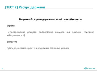 [ТЕСТ 2] Ресурс держави
22
Витрати або втрати державних та місцевих бюджетів
Втрати:
Недоотримання доходів, добровільна відмова від доходів (списання
заборгованості)
Витрати:
Субсидії, гарантії, гранти, кредити на пільгових умовах
 