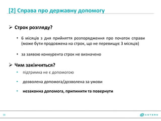 [2] Справа про державну допомогу
35
 Строк розгляду?
• 6 місяців з дня прийняття розпорядження про початок справи
(може бути продовжена на строк, що не перевищує 3 місяців)
• за заявою конкурента строк не визначено
 Чим закінчиться?
• підтримка не є допомогою
• дозволена допомога/дозволена за умови
• незаконна допомога, припинити та повернути
 