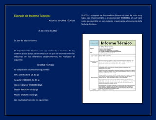 Ejemplo de Informe Técnico:
ASUNTO: INFORME TÉCNICO
14 de enero de 2002
Sr. Jefe de adquisiciones:
El departamento técnico, una vez realizada la revisión de los
diversosdiscosduros para reemplazar los que se encuentran en las
máquinas de los diferentes departamentos, Ha realizado el
siguiente:
INFORME TÉCNICO
Se compararon los modelos siguientes:
MAXTOR 98196H8 DE 80 gb
Seagate ST380020A De 80 gb
Western Digital WD800BB 80 gb
Maxtor 4W060H4 de 60 gb
Maxtor 5T060H6 DE 60 gb
Los resultados han sido los siguientes:
RUIDO.- La mayoría de los modelos tienen un nivel de ruido muy
bajo, casi imperceptible, a excepción del WD800BB, el cual hace
ruido perceptible, sin ser molesto ni alarmante, al momento de la
lectura de datos.
 