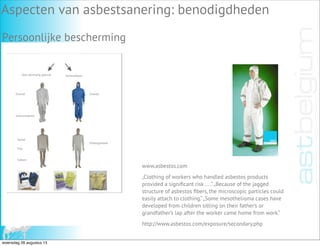 Voor éénmalig gebruik Herbruikbaar
Overall Overall
Overschoenen
Hemd
Ondergoedset
Slip
Sokken
www.asbestos.com
„Clothing of workers who handled asbestos products
provided a signiﬁcant risk ... .“„Because of the jagged
structure of asbestos ﬁbers, the microscopic particles could
easily attach to clothing.“„Some mesothelioma cases have
developed from children sitting on their father’s or
grandfather’s lap after the worker came home from work.“
http://www.asbestos.com/exposure/secondary.php
Aspecten van asbestsanering: benodigdheden
Persoonlijke bescherming
woensdag 28 augustus 13
 