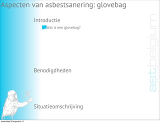 Introductie
Aspecten van asbestsanering: glovebag
Benodigdheden
Situatieomschrijving
Wat is een glovebag?
woensdag 28 augustus 13
 