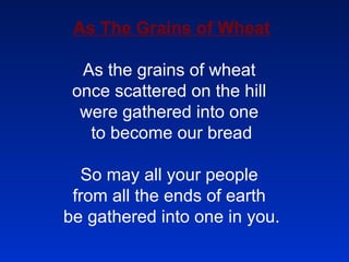 As The Grains of Wheat As the grains of wheat  once scattered on the hill  were gathered into one  to become our bread So may all your people  from all the ends of earth  be gathered into one in you. 1. As this cup of blessing is shared within out midst, may we share the presence of your love 2. Let this be a foretaste of all that is to come when all creation shares this feast with you. 