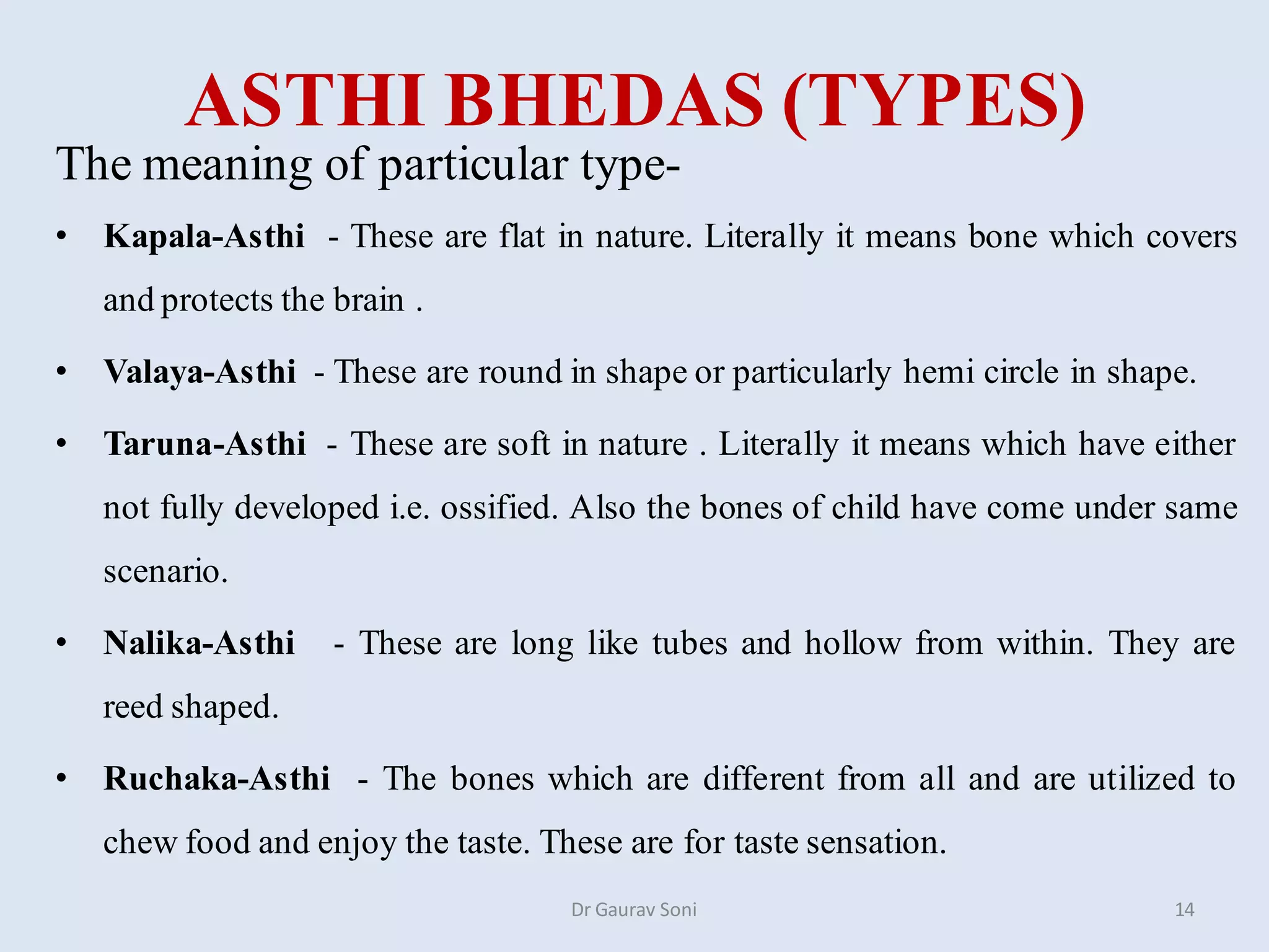 ASTHI BHEDAS (TYPES)
The meaning of particular type-
• Kapala-Asthi - These are flat in nature. Literally it means bone which covers
and protects the brain .
• Valaya-Asthi - These are round in shape or particularly hemi circle in shape.
• Taruna-Asthi - These are soft in nature . Literally it means which have either
not fully developed i.e. ossified. Also the bones of child have come under same
scenario.
• Nalika-Asthi - These are long like tubes and hollow from within. They are
reed shaped.
• Ruchaka-Asthi - The bones which are different from all and are utilized to
chew food and enjoy the taste. These are for taste sensation.
Dr Gaurav Soni 14
 