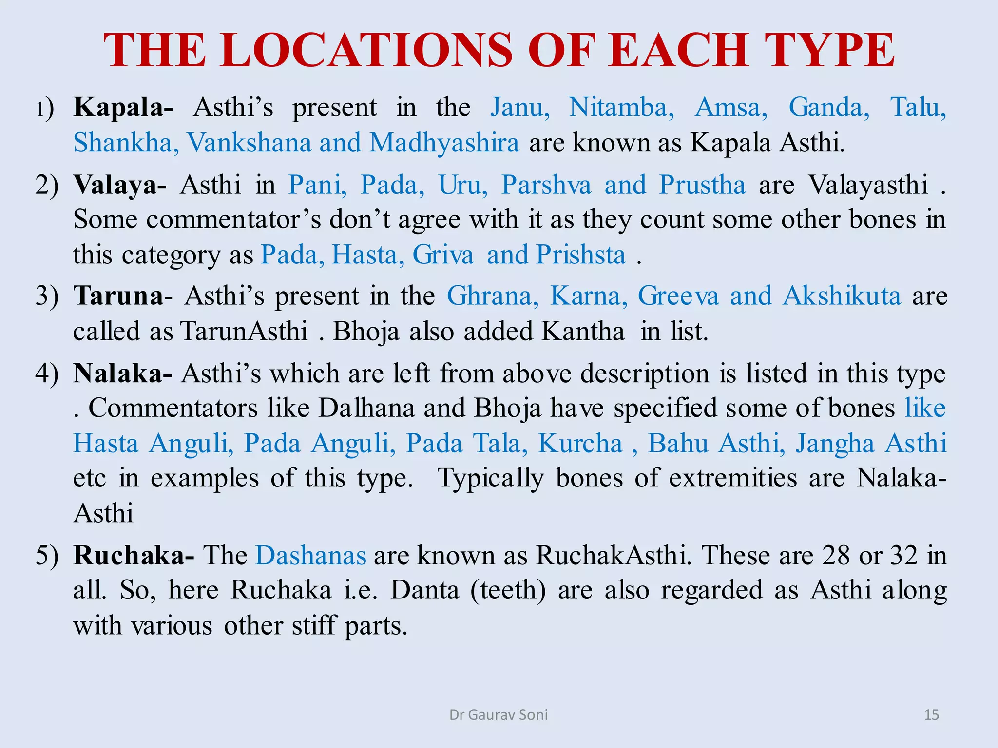 THE LOCATIONS OF EACH TYPE
1) Kapala- Asthi’s present in the Janu, Nitamba, Amsa, Ganda, Talu,
Shankha, Vankshana and Madhyashira are known as Kapala Asthi.
2) Valaya- Asthi in Pani, Pada, Uru, Parshva and Prustha are Valayasthi .
Some commentator’s don’t agree with it as they count some other bones in
this category as Pada, Hasta, Griva and Prishsta .
3) Taruna- Asthi’s present in the Ghrana, Karna, Greeva and Akshikuta are
called as TarunAsthi . Bhoja also added Kantha in list.
4) Nalaka- Asthi’s which are left from above description is listed in this type
. Commentators like Dalhana and Bhoja have specified some of bones like
Hasta Anguli, Pada Anguli, Pada Tala, Kurcha , Bahu Asthi, Jangha Asthi
etc in examples of this type. Typically bones of extremities are Nalaka-
Asthi
5) Ruchaka- The Dashanas are known as RuchakAsthi. These are 28 or 32 in
all. So, here Ruchaka i.e. Danta (teeth) are also regarded as Asthi along
with various other stiff parts.
Dr Gaurav Soni 15
 