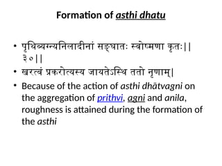Formation of asthi dhatu
• पृथिव्यग्न्यनिलादीनां सङ्घातः स्वोष्मणा कृतः||
३०||
• खरत्वं प्रकरोत्यस्य जायतेऽस्थि ततो नृणाम्|
• Because of the action of asthi dhātvagni on
the aggregation of prithvi, agni and anila,
roughness is attained during the formation of
the asthi
 