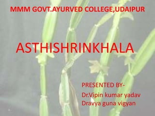 MMM GOVT.AYURVED COLLEGE,UDAIPUR
PRESENTED BY-
Dr.Vipin kumar yadav
Dravya guna vigyan
ASTHISHRINKHALA
 