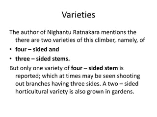 Varieties 
The author of Nighantu Ratnakara mentions the 
there are two varieties of this climber, namely, of 
• four – sided and 
• three – sided stems. 
But only one variety of four – sided stem is 
reported; which at times may be seen shooting 
out branches having three sides. A two – sided 
horticultural variety is also grown in gardens. 
 