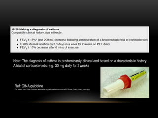 Note: The diagnosis of asthma is predominantly clinical and based on a characteristic history.
A trial of corticosteroids: e.g. 30 mg daily for 2 weeks
Ref: GINA guideline
Pic taken from: http://upload.wikimedia.org/wikipedia/commons/f/f7/Peak_flow_meter_horiz.jpg
 