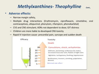 Methylxanthines- Theophylline Cont.,
• Adverse effects:
– Narrow margin safety,
– Multiple drug interactions (Erythromycin, ciprofloxacin, cimetidine, oral
contraceptives, allopurinol, phenytoin, rifampicin, phenobarbital)
– CVS and CNS stimulant; ADRs not dependent to dose; GIT distress
– Children are more liable to developed CNS toxicity
– Rapid IV injection cause- precordial pain, syncope and sudden death
 
