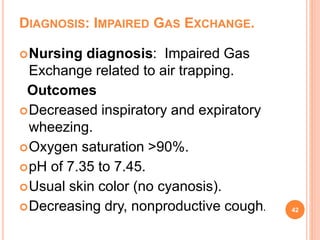 DIAGNOSIS: IMPAIRED GAS EXCHANGE.
Nursing diagnosis: Impaired Gas
Exchange related to air trapping.
Outcomes
Decreased inspiratory and expiratory
wheezing.
Oxygen saturation >90%.
pH of 7.35 to 7.45.
Usual skin color (no cyanosis).
Decreasing dry, nonproductive cough. 42
 
