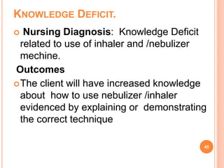 KNOWLEDGE DEFICIT.
 Nursing Diagnosis: Knowledge Deficit
related to use of inhaler and /nebulizer
mechine.
Outcomes
The client will have increased knowledge
about how to use nebulizer /inhaler
evidenced by explaining or demonstrating
the correct technique
45
 