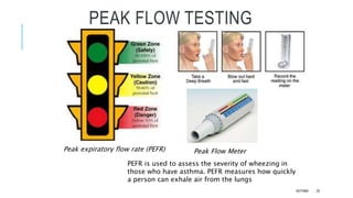 PEAK FLOW TESTING
Peak Flow Meter
PEFR is used to assess the severity of wheezing in
those who have asthma. PEFR measures how quickly
a person can exhale air from the lungs
Peak expiratory flow rate (PEFR)
ASTHMA 25
 
