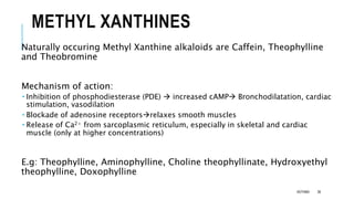 METHYL XANTHINES
Naturally occuring Methyl Xanthine alkaloids are Caffein, Theophylline
and Theobromine
Mechanism of action:
 Inhibition of phosphodiesterase (PDE)  increased cAMP Bronchodilatation, cardiac
stimulation, vasodilation
 Blockade of adenosine receptorsrelaxes smooth muscles
 Release of Ca2+ from sarcoplasmic reticulum, especially in skeletal and cardiac
muscle (only at higher concentrations)
E.g: Theophylline, Aminophylline, Choline theophyllinate, Hydroxyethyl
theophylline, Doxophylline
ASTHMA 38
 