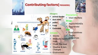 Contributing factors(TRIGGERS)
Allergens
 animal dander
 dust mites
 pollen
 Fungi
 Cockroach
Irritants
 Smoke
 Mosquito repellent
mats
 Chalk, fine dust
 Weather & tem.
Changes
 Environment
Precipitants
 Viral infections
Drugs
 Aspirin/NSAIDs
 Propranolol
Diet
 Food additives
 Dietary
substances
@ Dr. Prasad B. Chinchole
 