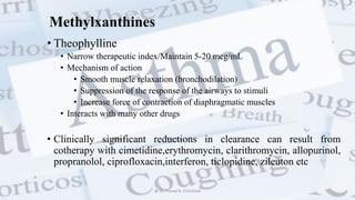 Methylxanthines
• Theophylline
• Narrow therapeutic index/Maintain 5-20 mcg/mL
• Mechanism of action
• Smooth muscle relaxation (bronchodilation)
• Suppression of the response of the airways to stimuli
• Increase force of contraction of diaphragmatic muscles
• Interacts with many other drugs
• Clinically significant reductions in clearance can result from
cotherapy with cimetidine,erythromycin, clarithromycin, allopurinol,
propranolol, ciprofloxacin,interferon, ticlopidine, zileuton etc
@ Dr. Prasad B. Chinchole
 