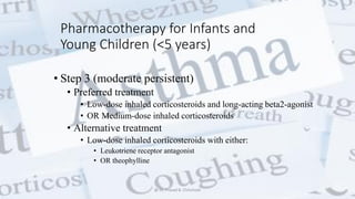 Pharmacotherapy for Infants and
Young Children (<5 years)
• Step 3 (moderate persistent)
• Preferred treatment
• Low-dose inhaled corticosteroids and long-acting beta2-agonist
• OR Medium-dose inhaled corticosteroids
• Alternative treatment
• Low-dose inhaled corticosteroids with either:
• Leukotriene receptor antagonist
• OR theophylline
@ Dr. Prasad B. Chinchole
 