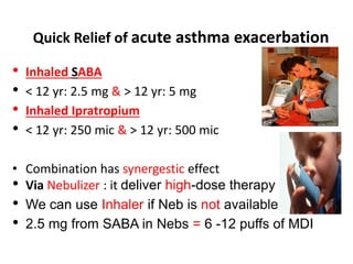 • Inhaled SABA
• < 12 yr: 2.5 mg & > 12 yr: 5 mg
• Inhaled Ipratropium
• < 12 yr: 250 mic & > 12 yr: 500 mic
• Combination has synergestic effect
• Via Nebulizer : it deliver high-dose therapy
• We can use Inhaler if Neb is not available
• 2.5 mg from SABA in Nebs = 6 -12 puffs of MDI
Quick Relief of acute asthma exacerbation
 