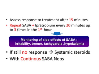 • Assess response to treatment after 15 minutes.
• Repeat SABA + Ipratropium every 20 minutes up
to 3 times in the 1st hour
• If still no response  Systemic steroids
• With Continous SABA Nebs
Monitoring of side-effects of SABA :
irritability, tremor, tachycardia ,hypokalemia
 