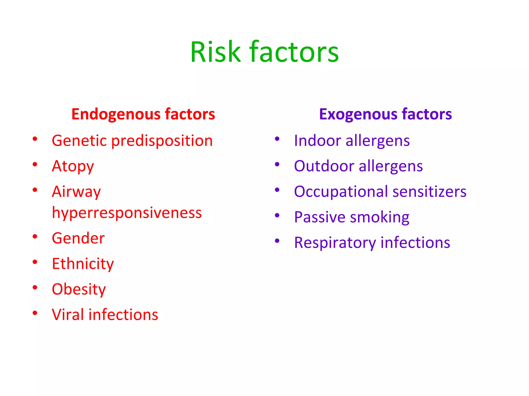 Risk factors
Endogenous factors
• Genetic predisposition
• Atopy
• Airway
hyperresponsiveness
• Gender
• Ethnicity
• Obesity
• Viral infections
Exogenous factors
• Indoor allergens
• Outdoor allergens
• Occupational sensitizers
• Passive smoking
• Respiratory infections
 