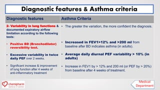 Diagnostic features Asthma Criteria
2- Variability in lung functions &
documented expiratory airflow
limitation according to the following
tests:
• Positive BD (Bronchodilator)
reversibility test.
• Excessive variability in twice
daily PEF over 2 weeks.
• Significant increase & improvement
of lung function after 4 weeks of
anti-inflammatory treatment
• The greater the variation, the more confident the diagnosis.
• Increased in FEV1>12% and >200 ml from
baseline after BD indicates asthma (in adults).
• Average daily diurnal PEF variability > 10% (in
adults)
• Increase in FEV1 by > 12% and 200 ml (or PEF by > 20%)
from baseline after 4 weeks of treatment.
Diagnostic features & Asthma criteria
Medical
Department
 