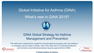 © Global Initiative for Asthma
GINA Global Strategy for Asthma
Management and Prevention
Global Initiative for Asthma (GINA)
What’s new in GINA 2019?
This slide set is restricted for academic and educational purposes only. No additions
or changes may be made to slides. Use of the slide set or of individual slides for
commercial or promotional purposes requires approval from GINA.
 