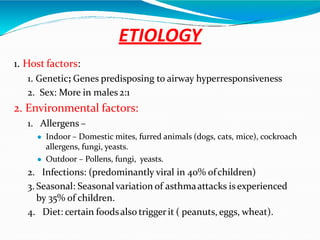 ETIOLOGY
1. Host factors:
1. Genetic; Genes predisposing to airway hyperresponsiveness
2. Sex: More in males 2:1
2. Environmental factors:
1. Allergens –
 Indoor – Domestic mites, furred animals (dogs, cats, mice), cockroach
allergens, fungi, yeasts.
 Outdoor – Pollens, fungi, yeasts.
2. Infections: (predominantly viral in 40% ofchildren)
3. Seasonal: Seasonal variation of asthmaattacks is experienced
by 35% of children.
4. Diet: certain foodsalso triggerit ( peanuts, eggs, wheat).
 