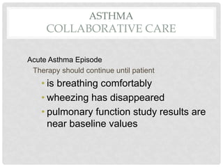 ASTHMA
COLLABORATIVE CARE
Acute Asthma Episode
Therapy should continue until patient
• is breathing comfortably
• wheezing has disappeared
• pulmonary function study results are
near baseline values
 