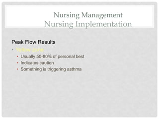 Nursing Management
Nursing Implementation
Peak Flow Results
• Yellow zone
• Usually 50-80% of personal best
• Indicates caution
• Something is triggering asthma
 
