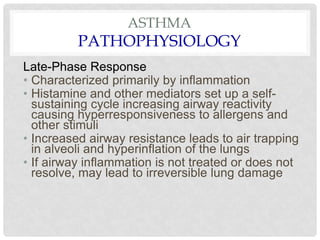 ASTHMA
PATHOPHYSIOLOGY
Late-Phase Response
• Characterized primarily by inflammation
• Histamine and other mediators set up a self-
sustaining cycle increasing airway reactivity
causing hyperresponsiveness to allergens and
other stimuli
• Increased airway resistance leads to air trapping
in alveoli and hyperinflation of the lungs
• If airway inflammation is not treated or does not
resolve, may lead to irreversible lung damage
 