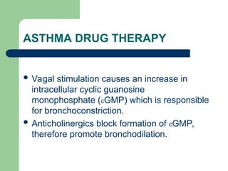 ASTHMA DRUG THERAPY
 Vagal stimulation causes an increase in
intracellular cyclic guanosine
monophosphate (cGMP) which is responsible
for bronchoconstriction.
 Anticholinergics block formation of cGMP,
therefore promote bronchodilation.
 