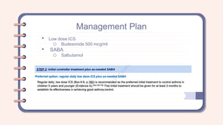 Management Plan
• Low dose ICS
o Budesonide 500 mcg/ml
• SABA
o Salbutamol
 