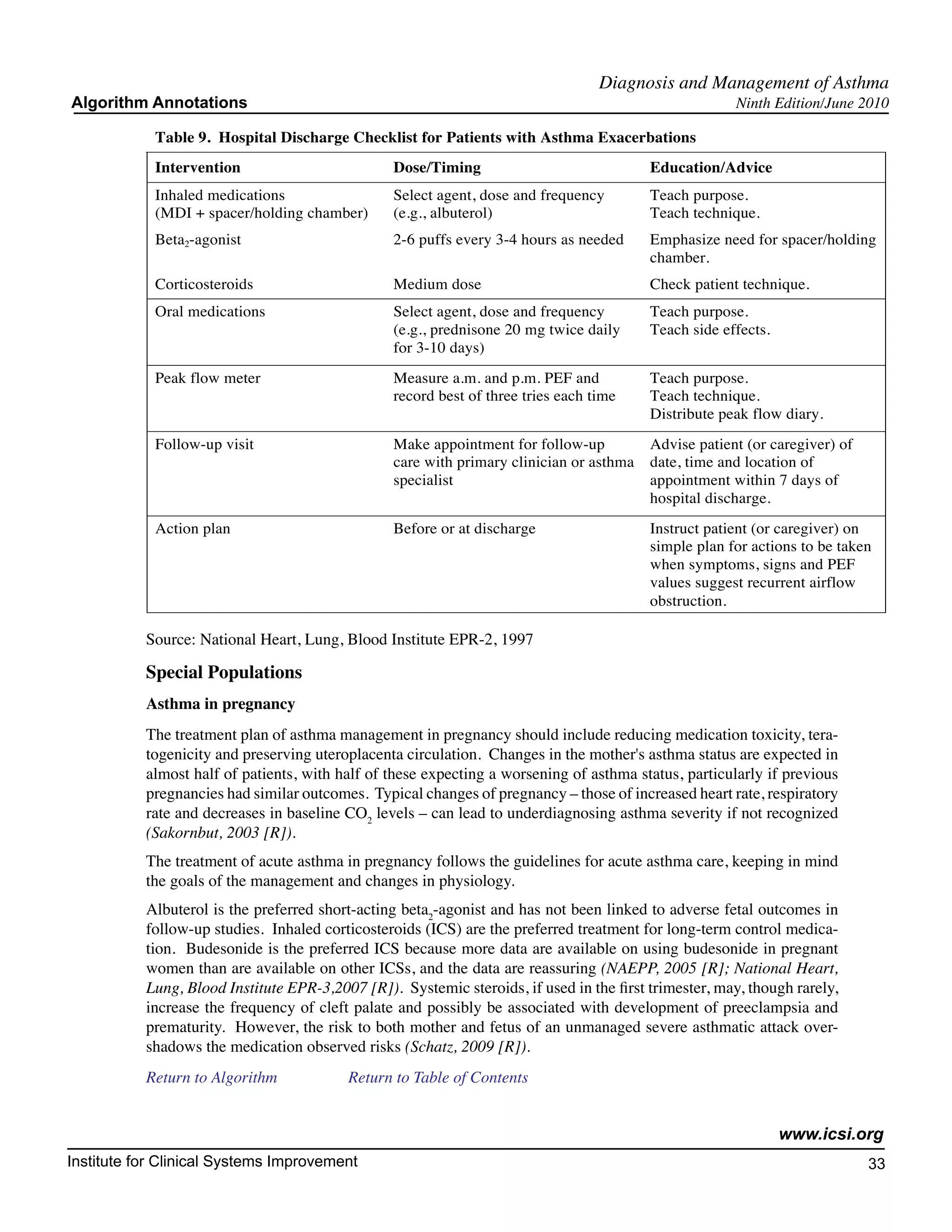 Diagnosis and Management of Asthma
Algorithm Annotations                                                                                  Ninth Edition/June 2010

            Table 9. Hospital Discharge Checklist for Patients with Asthma Exacerbations
            Intervention                         Dose/Timing                              Education/Advice
            Inhaled medications                  Select agent, dose and frequency         Teach purpose.
            (MDI + spacer/holding chamber)       (e.g., albuterol)                        Teach technique.
            Beta2-agonist                        2-6 puffs every 3-4 hours as needed      Emphasize need for spacer/holding
                                                                                          chamber.
            Corticosteroids                      Medium dose                              Check patient technique.
            Oral medications                     Select agent, dose and frequency         Teach purpose.
                                                 (e.g., prednisone 20 mg twice daily      Teach side effects.
                                                 for 3-10 days)
            Peak flow meter                      Measure a.m. and p.m. PEF and            Teach purpose.
                                                 record best of three tries each time     Teach technique.
                                                                                          Distribute peak flow diary.
            Follow-up visit                      Make appointment for follow-up           Advise patient (or caregiver) of
                                                 care with primary clinician or asthma    date, time and location of
                                                 specialist                               appointment within 7 days of
                                                                                          hospital discharge.
            Action plan                          Before or at discharge                   Instruct patient (or caregiver) on
                                                                                          simple plan for actions to be taken
                                                                                          when symptoms, signs and PEF
                                                                                          values suggest recurrent airflow
                                                                                          obstruction.

           Source: National Heart, Lung, Blood Institute EPR-2, 1997

           Special Populations
           Asthma in pregnancy
           The treatment plan of asthma management in pregnancy should include reducing medication toxicity, tera-
           togenicity and preserving uteroplacenta circulation. Changes in the mother's asthma status are expected in
           almost half of patients, with half of these expecting a worsening of asthma status, particularly if previous
           pregnancies had similar outcomes. Typical changes of pregnancy – those of increased heart rate, respiratory
           rate and decreases in baseline CO2 levels – can lead to underdiagnosing asthma severity if not recognized
           (Sakornbut, 2003 [R]).
           The treatment of acute asthma in pregnancy follows the guidelines for acute asthma care, keeping in mind
           the goals of the management and changes in physiology.
           Albuterol is the preferred short-acting beta2-agonist and has not been linked to adverse fetal outcomes in
           follow-up studies. Inhaled corticosteroids (ICS) are the preferred treatment for long-term control medica-
           tion. Budesonide is the preferred ICS because more data are available on using budesonide in pregnant
           women than are available on other ICSs, and the data are reassuring (NAEPP, 2005 [R]; National Heart,
           Lung, Blood Institute EPR-3,2007 [R]). Systemic steroids, if used in the first trimester, may, though rarely,
           increase the frequency of cleft palate and possibly be associated with development of preeclampsia and
           prematurity. However, the risk to both mother and fetus of an unmanaged severe asthmatic attack over-
           shadows the medication observed risks (Schatz, 2009 [R]).
           Return to Algorithm		          Return to Table of Contents


                                                                                                                www.icsi.org
Institute for Clinical Systems Improvement                                                                                   33
                                                                                                                               	
                                                                                                                               	
 