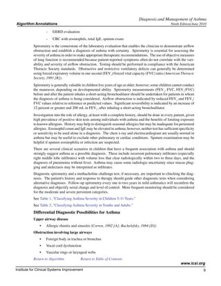 Diagnosis and Management of Asthma
Algorithm Annotations                                                                                     Ninth Edition/June 2010

                    -	   GERD evaluation
                    -	   CBC with eosinophils, total IgE, sputum exam
           Spirometry is the cornerstone of the laboratory evaluation that enables the clinician to demonstrate airflow
           obstruction and establish a diagnosis of asthma with certainty. Spirometry is essential for assessing the
           severity of asthma in order to make appropriate therapeutic recommendations. The use of objective measures
           of lung function is recommended because patient-reported symptoms often do not correlate with the vari-
           ability and severity of airflow obstruction. Testing should be performed in compliance with the American
           Thoracic Society standards. Obstructive and restrictive ventilatory defects can generally be determined
           using forced expiratory volume in one second (FEV1)/forced vital capacity (FVC) ratio (American Thoracic
           Society, 1991 [R]).
           Spirometry is generally valuable in children five years of age or older; however, some children cannot conduct
           the maneuver, depending on developmental ability. Spirometry measurements (FEV1, FVC, FEV1/FVC)
           before and after the patient inhales a short-acting bronchodilator should be undertaken for patients in whom
           the diagnosis of asthma is being considered. Airflow obstruction is indicated by reduced FEV1 and FEV1/
           FVC values relative to reference or predicted values. Significant reversibility is indicated by an increase of
           12 percent or greater and 200 mL in FEV1, after inhaling a short-acting bronchodilator.
           Investigation into the role of allergy, at least with a complete history, should be done in every patient, given
           high prevalence of positive skin tests among individuals with asthma and the benefits of limiting exposure
           to known allergens. History may help to distinguish seasonal allergies but may be inadequate for periennial
           allergies. Eosinophil count and IgE may be elevated in asthma; however, neither test has sufficient specificity
           or sensitivity to be used alone in a diagnosis. The chest x-ray and electrocardiogram are usually normal in
           asthma but may be useful to exclude other pulmonary or cardiac conditions. Sputum examination may be
           helpful if sputum eosinophilia or infection are suspected.
           There are several clinical scenarios in children that have a frequent association with asthma and should
           strongly suggest asthma as a possible diagnosis. These include recurrent pulmonary infiltrates (especially
           right middle lobe infiltrates) with volume loss that clear radiologically within two to three days, and the
           diagnosis of pneumonia without fever. Asthma may cause some radiologic uncertainty since mucus plug-
           ging and atelectasis may be interpreted as infiltrates.
           Diagnostic spirometry and a methacholine challenge test, if necessary, are important to clinching the diag-
           nosis. The patient's history and response to therapy should guide other diagnostic tests when considering
           alternative diagnoses. Follow-up spirometry every one to two years in mild asthmatics will reconfirm the
           diagnosis and objectify serial change and level of control. More frequent monitoring should be considered
           for the moderate and severe persistent categories.
           See Table 1, "Classifying Asthma Severity in Children 5-11 Years."
           See Table 2, "Classifying Asthma Severity in Youths and Adults."
           Differential Diagnostic Possibilities for Asthma
           Upper airway disease
               •	   Allergic rhinitis and sinusitis (Corren, 1992 [A]; Rachelefsky, 1984 [D])
           Obstruction involving large airways
               •	   Foreign body in trachea or bronchus
               •	   Vocal cord dysfunction
               •	   Vascular rings or laryngeal webs
           Return to Algorithm		           Return to Table of Contents
                                                                                                                 www.icsi.org
Institute for Clinical Systems Improvement                                                                                     9
                                                                                                                                	
                                                                                                                                	
 