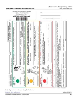 Diagnosis and Management of Asthma
Appendix E – Example of Asthma Action Plan                                  Ninth Edition/June 2010




Used with permission from Hennepin County Medical Center.
Return to Table of Contents                                                       www.icsi.org
Institute for Clinical Systems Improvement                                                     42
                                                                                                 	
                                                                                                 	
 