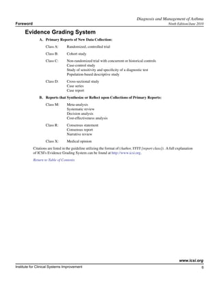 Diagnosis and Management of Asthma	
Foreword                                                                                                 Ninth Edition/June 2010

     Evidence Grading System
               A. 	 Primary Reports of New Data Collection:
                   Class A:	      Randomized, controlled trial
                   Class B:	      Cohort study
                   Class C:	      Non-randomized trial with concurrent or historical controls
                       			        Case-control study
                       			        Study of sensitivity and specificity of a diagnostic test
                       			        Population-based descriptive study
                   Class D:	      Cross-sectional study
                       			        Case series
                       			        Case report
               B.	 Reports that Synthesize or Reflect upon Collections of Primary Reports:
               	   Class M:	      Meta-analysis
                   		             Systematic review
                   		             Decision analysis
                   		             Cost-effectiveness analysis
                   Class R:	      Consensus statement
                       			        Consensus report
                       			        Narrative review
                   Class X:	      Medical opinion
           Citations are listed in the guideline utilizing the format of (Author, YYYY [report class]). A full explanation
           of ICSI's Evidence Grading System can be found at http://www.icsi.org.
           Return to Table of Contents




                                                                                                                www.icsi.org
Institute for Clinical Systems Improvement                                                                                    6
                                                                                                                               	
                                                                                                                               	
 