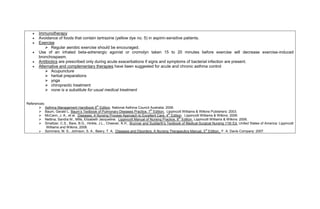    Immunotherapy
      Avoidance of foods that contain tartrazine (yellow dye no. 5) in aspirin-sensitive patients.
      Exercise
            Regular aerobic exercise should be encouraged.
      Use of an inhaled beta-adrenergic agonist or cromolyn taken 15 to 20 minutes before exercise will decrease exercise-induced
       bronchospasm.
      Antibiotics are prescribed only during acute exacerbations if signs and symptoms of bacterial infection are present.
      Alternative and complementary therapies have been suggested for acute and chronic asthma control
            Acupuncture
            herbal preparations
            yoga
            chiropractic treatment
            none is a substitute for usual medical treatment


References:
                                            th
        Asthma Management Handbook 6 Edition. National Asthma Council Australia: 2006.
                                                                               th
        Baum, Gerald L. Baum’s Textbook of Pulmonary Diseases Practice, 7 Edition. Lippincott Williams & Wilkins Publishers: 2003.
                                                                                          th
        McCann, J. A., et al. Diseases: A Nursing Process Approach to Excellent Care, 4 Edition. Lippincott Williams & Wilkins: 2006.
                                                                                                  th
        Nettina, Sandra M., Mills, Elizabeth Jacqueline. Lippincott Manual of Nursing Practice, 8 Edition. Lippincott Williams & Wilkins: 2006.
        Smeltzer, C.S., Bare, B.G., Hinkle, J.L., Cheever, K.H., Brunner and Suddarth’s Textbook of Medical-Surgical Nursing 11th Ed. United States of America: Lippincott
            Williams and Wilkins, 2008.
                                                                                                                   rd
        Sommers, M. S., Johnson, S. A., Beery, T. A. Diseases and Disorders: A Nursing Therapeutics Manual, 3 Edition. F. A. Davis Company: 2007.
 