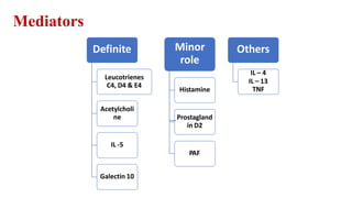 Mediators
Definite
Leucotrienes
C4, D4 & E4
Acetylcholi
ne
IL -5
Galectin 10
Minor
role
Histamine
Prostagland
in D2
PAF
Others
IL – 4
IL – 13
TNF
 