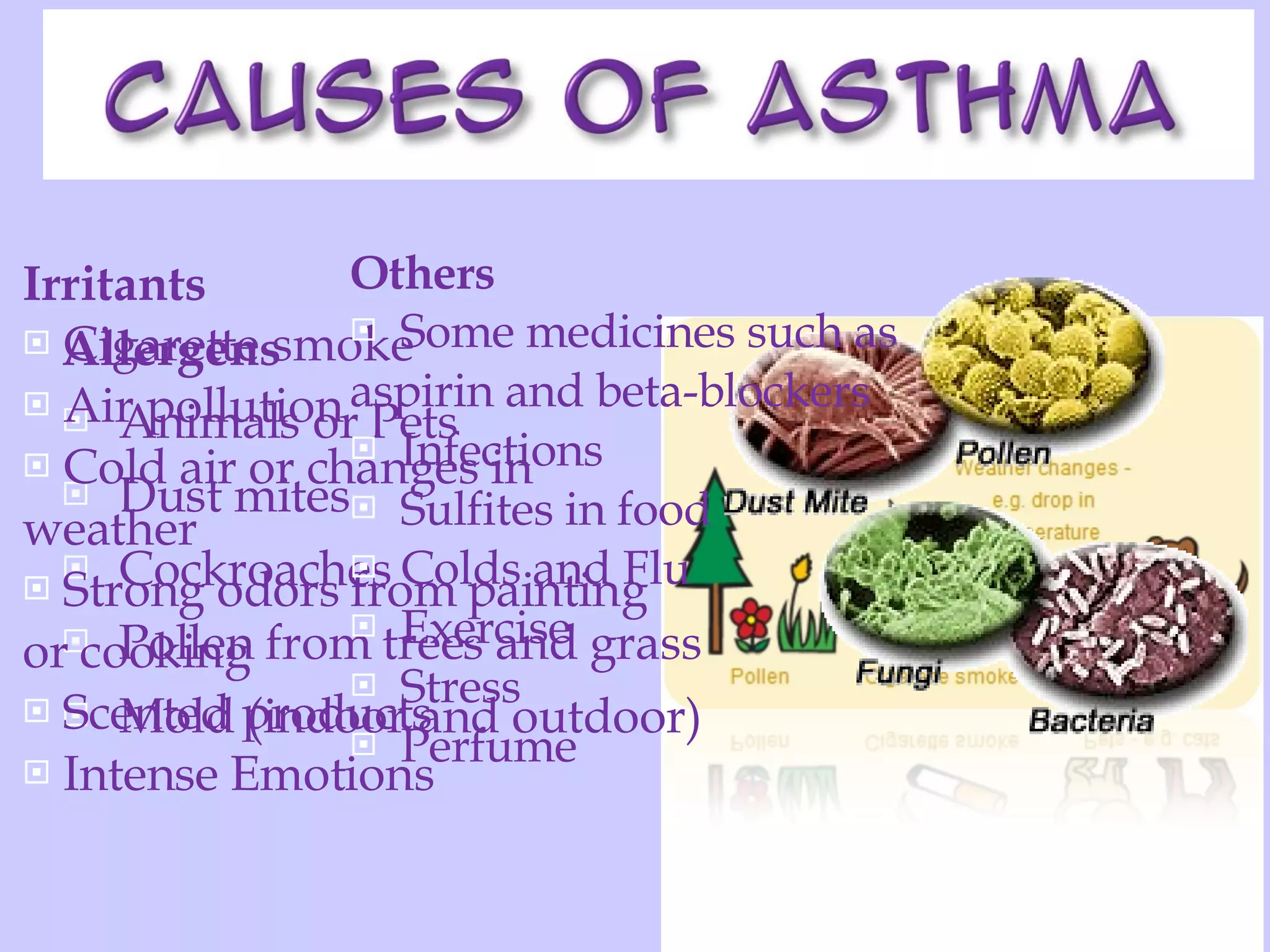 Allergens Animals or Pets Dust mites  Cockroaches  Pollen from trees and grass  Mold (indoor and outdoor)  Irritants Cigarette smoke  Air pollution  Cold air or changes in weather  Strong odors from painting or cooking  Scented products  Intense Emotions Others Some medicines such as aspirin and beta-blockers  Infections  Sulfites in food Colds and Flu Exercise Stress Perfume 